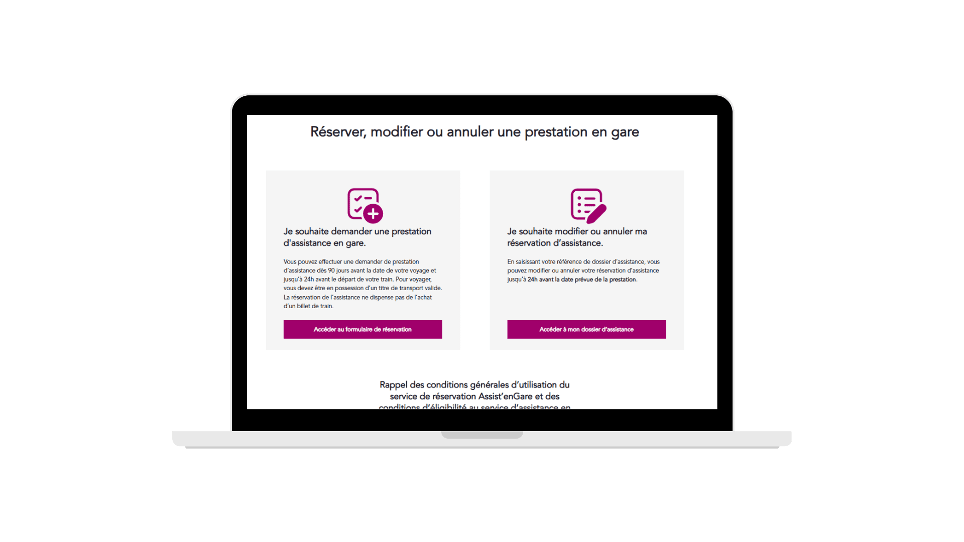 cope d'écran représentant l'application pour réserver, modifier ou annuler une prestation en gare